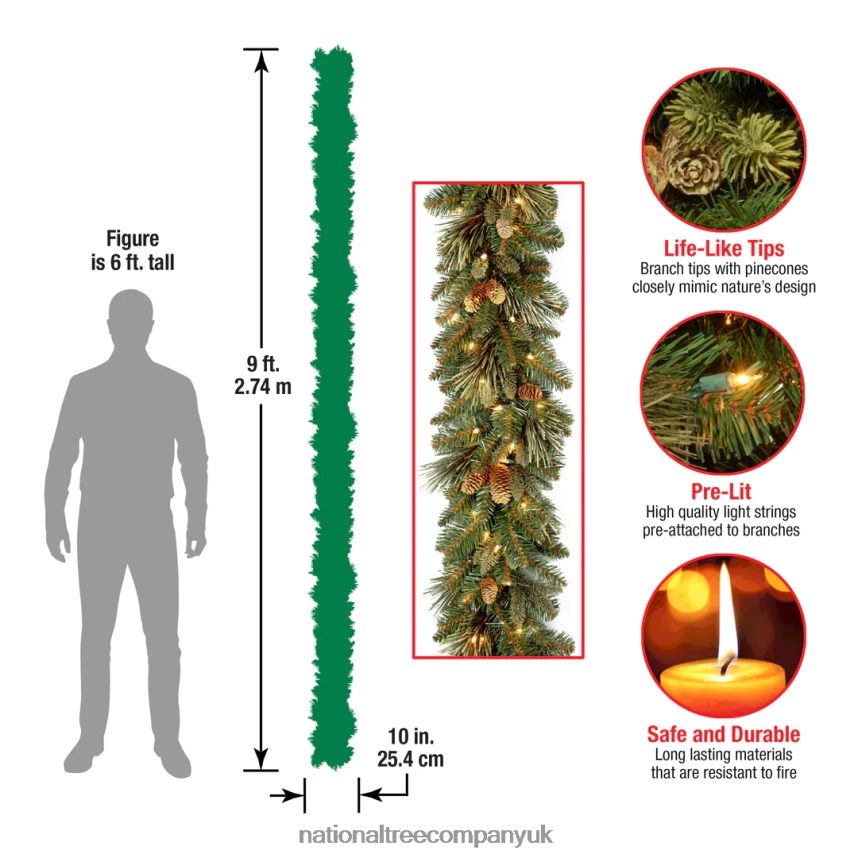 Greenery | National Tree Company Pre-Lit Artificial Christmas Garland Green Carolina Pine White Lights Decorated with Pine Cones Plug In Christmas Collection 9 Feet F2L4F326